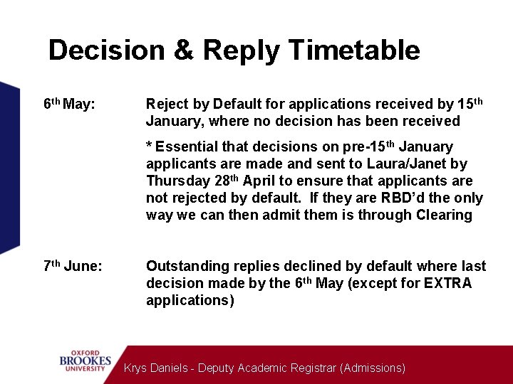 Decision & Reply Timetable 6 th May: Reject by Default for applications received by