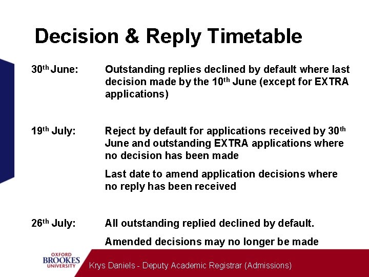 Decision & Reply Timetable 30 th June: Outstanding replies declined by default where last