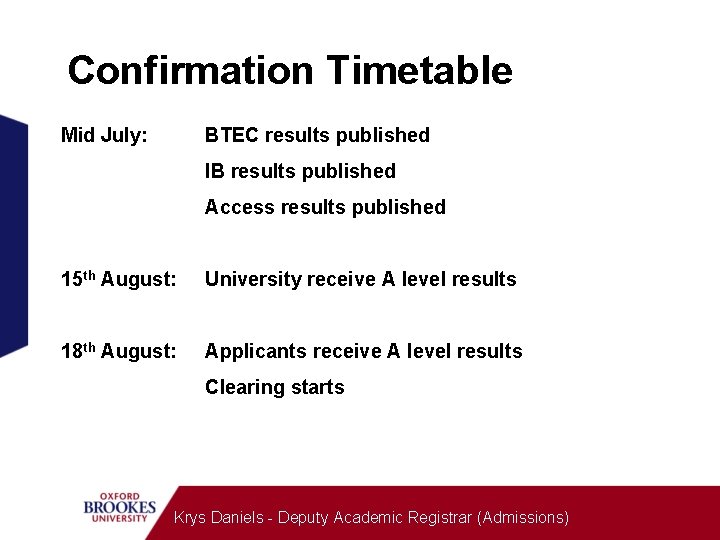 Confirmation Timetable Mid July: BTEC results published IB results published Access results published 15