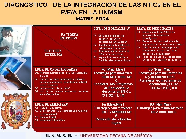 DIAGNOSTICO DE LA INTEGRACION DE LAS NTICs EN EL P/E/A EN LA UNMSM. MATRIZ