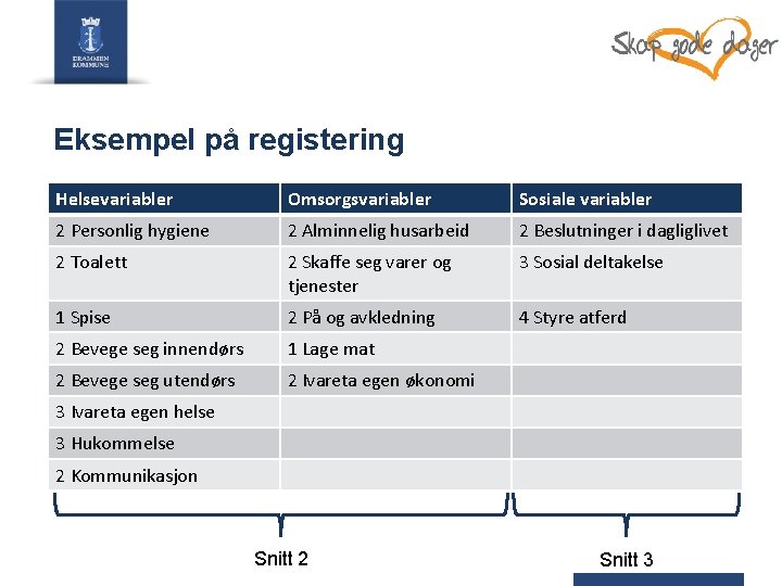 Eksempel på registering Helsevariabler Omsorgsvariabler Sosiale variabler 2 Personlig hygiene 2 Alminnelig husarbeid 2