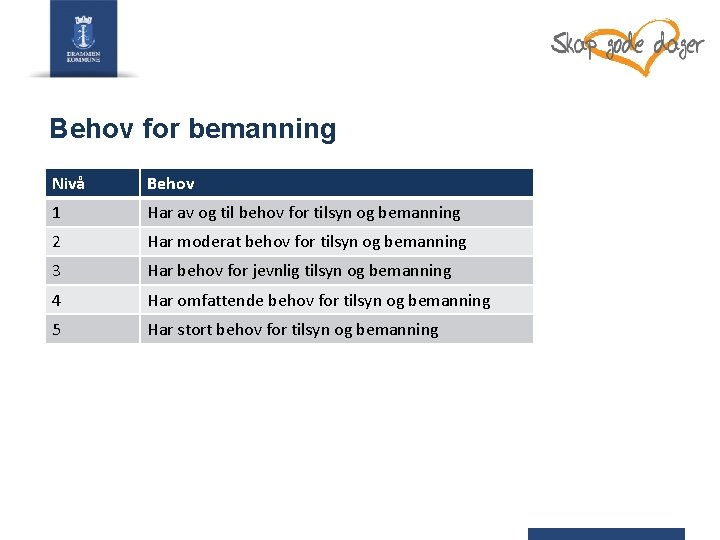 Behov for bemanning Nivå Behov 1 Har av og til behov for tilsyn og