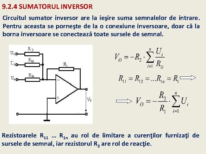 9. 2. 4 SUMATORUL INVERSOR Circuitul sumator inversor are la ieşire suma semnalelor de