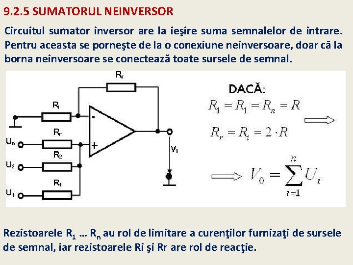9. 2. 5 SUMATORUL NEINVERSOR Circuitul sumator inversor are la ieşire suma semnalelor de