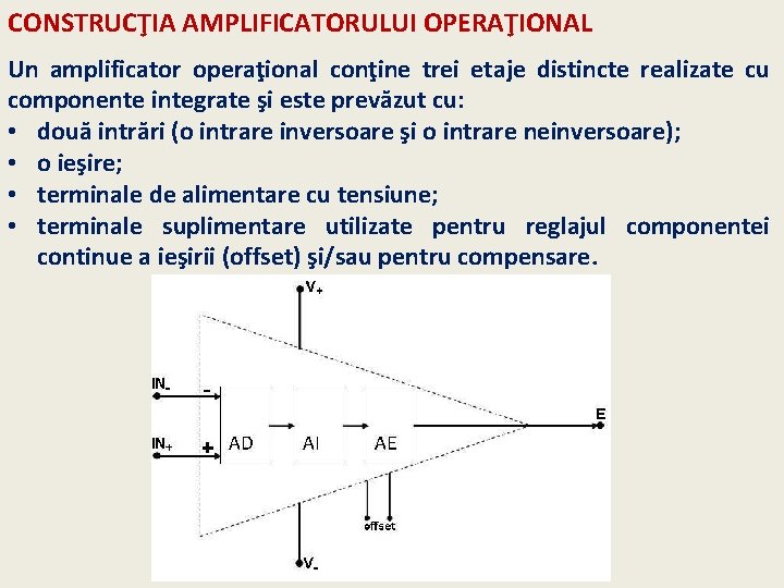 CONSTRUCŢIA AMPLIFICATORULUI OPERAŢIONAL Un amplificator operaţional conţine trei etaje distincte realizate cu componente integrate