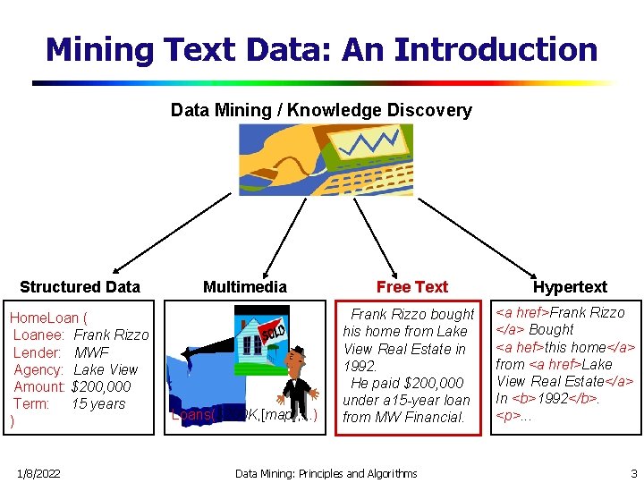 Mining Text Data: An Introduction Data Mining / Knowledge Discovery Structured Data Home. Loan