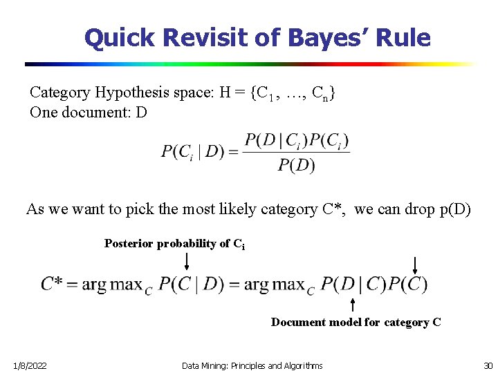 Quick Revisit of Bayes’ Rule Category Hypothesis space: H = {C 1 , …,