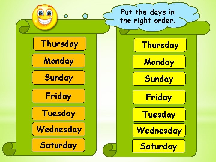 Put the days in the right order. Thursday Monday Sunday Friday Tuesday Wednesday Saturday