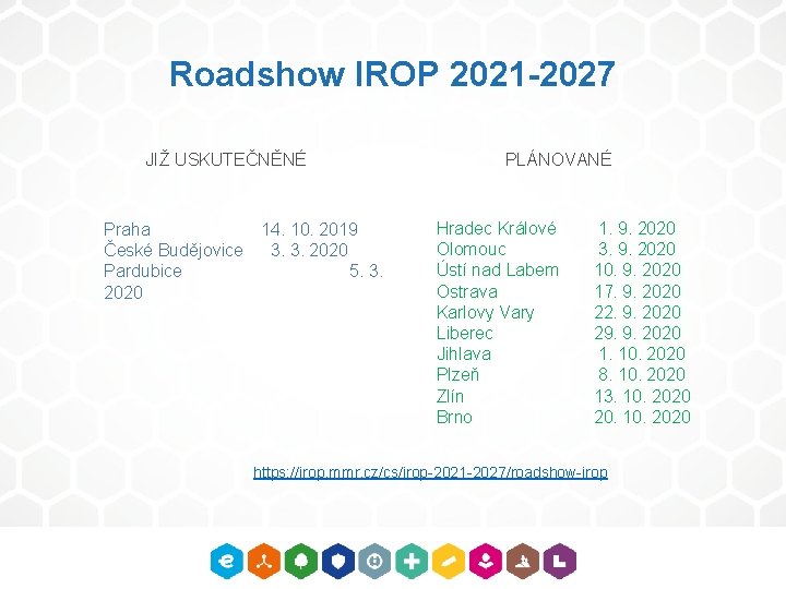 Roadshow IROP 2021 -2027 JIŽ USKUTEČNĚNÉ Praha 14. 10. 2019 České Budějovice 3. 3.