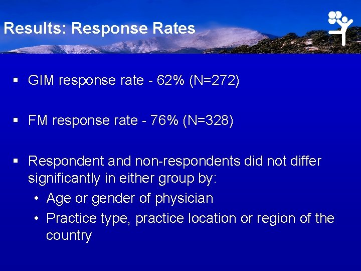 Results: Response Rates § GIM response rate - 62% (N=272) § FM response rate