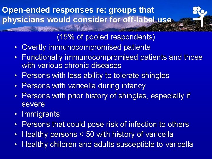 Open-ended responses re: groups that physicians would consider for off-label use • • •