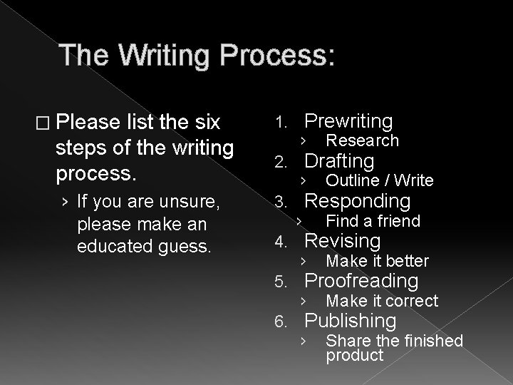 The Writing Process: � Please list the six steps of the writing process. 1.