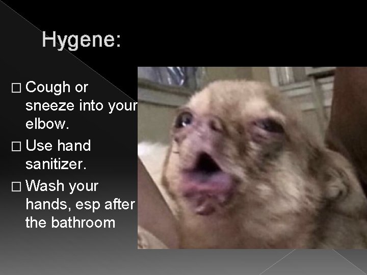 Hygene: � Cough or sneeze into your elbow. � Use hand sanitizer. � Wash