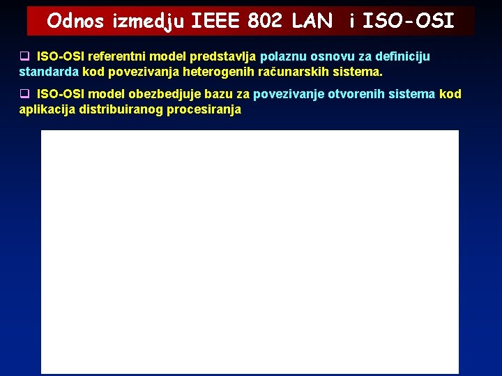 Odnos izmedju IEEE 802 LAN i ISO-OSI q ISO-OSI referentni model predstavlja polaznu osnovu