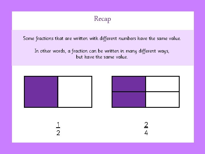 Recap Some fractions that are written with different numbers have the same value. In
