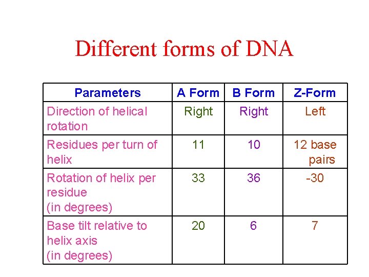 Different forms of DNA Parameters Direction of helical rotation A Form Right B Form Different forms of DNA Parameters Direction of helical rotation A Form Right B Form