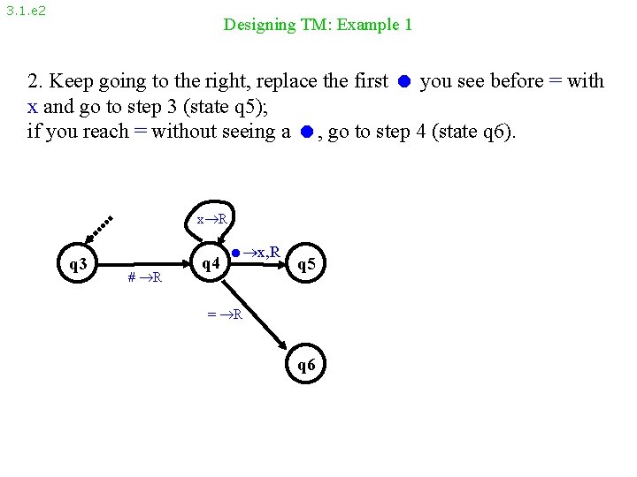 3. 1. e 2 Designing TM: Example 1 2. Keep going to the right,
