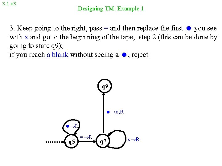 3. 1. e 3 Designing TM: Example 1 3. Keep going to the right,