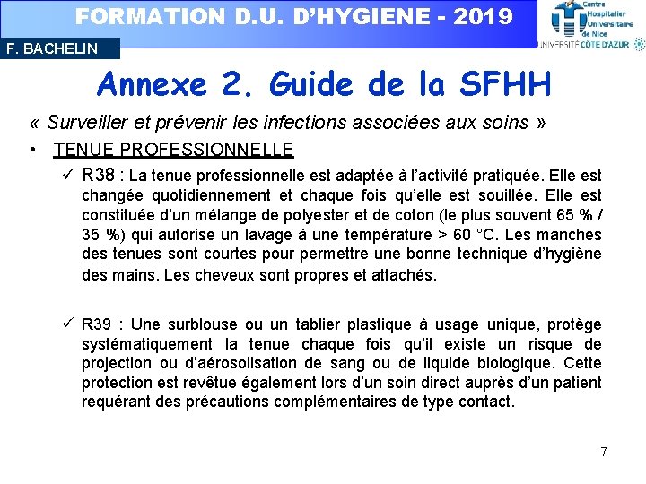 FORMATION D. U. D’HYGIENE - 2019 F. BACHELIN Annexe 2. Guide de la SFHH