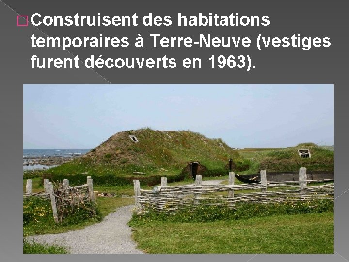 � Construisent des habitations temporaires à Terre-Neuve (vestiges furent découverts en 1963). 