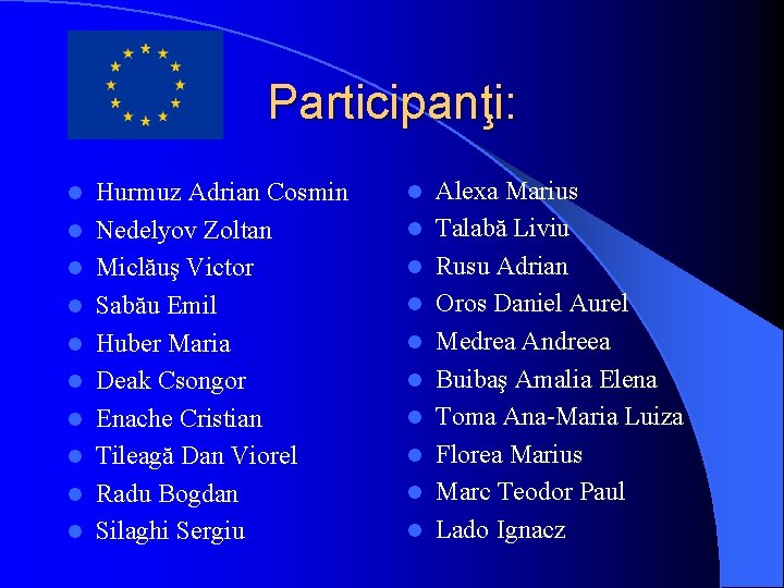 Participanţi: l l l l l Hurmuz Adrian Cosmin Nedelyov Zoltan Miclăuş Victor Sabău Participanţi: l l l l l Hurmuz Adrian Cosmin Nedelyov Zoltan Miclăuş Victor Sabău