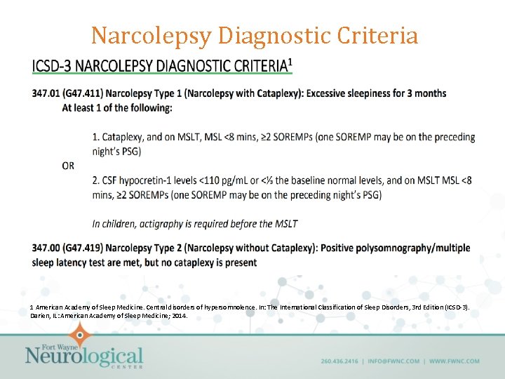 Narcolepsy Diagnostic Criteria 1 American Academy of Sleep Medicine. Central disorders of hypersomnolence. In:
