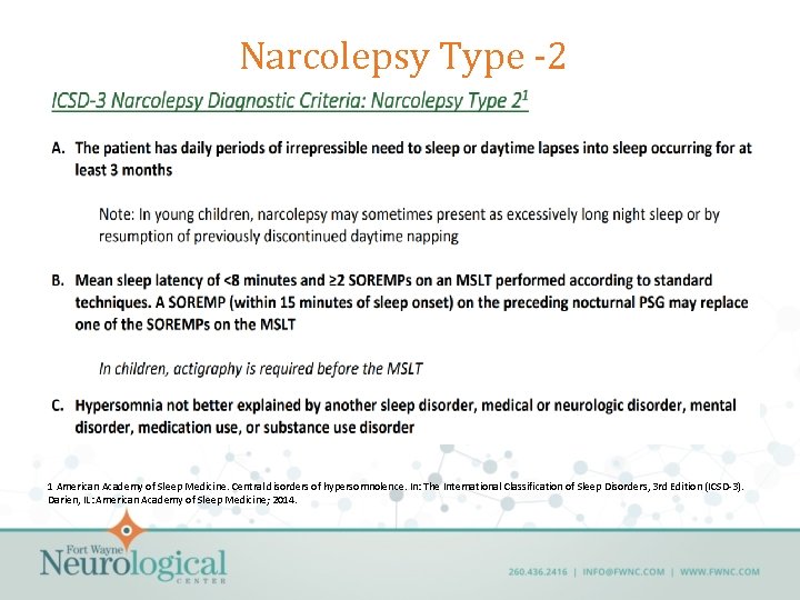 Narcolepsy Type -2 1 American Academy of Sleep Medicine. Central disorders of hypersomnolence. In:
