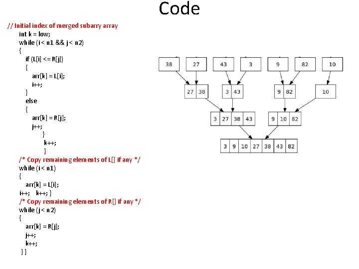 Code // Initial index of merged subarry array int k = low; while (i