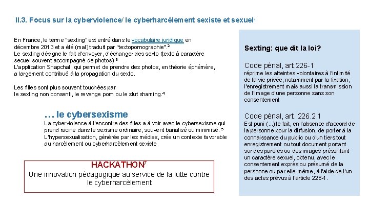 II. 3. Focus sur la cyberviolence/ le cyberharcèlement sexiste et sexuel 1 En France,
