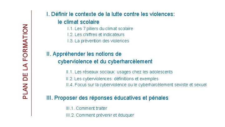 PLAN DE LA FORMATION I. Définir le contexte de la lutte contre les violences: