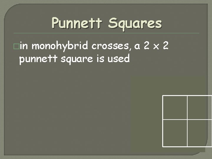 Punnett Squares �in monohybrid crosses, a 2 x 2 punnett square is used Punnett Squares �in monohybrid crosses, a 2 x 2 punnett square is used