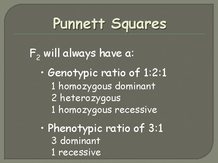 Punnett Squares F 2 will always have a: • Genotypic ratio of 1: 2: Punnett Squares F 2 will always have a: • Genotypic ratio of 1: 2: