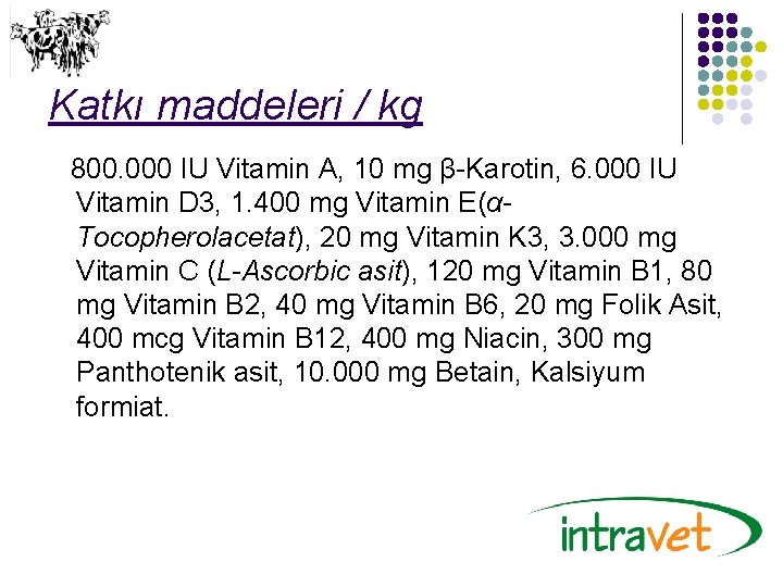 Katkı maddeleri / kg 800. 000 IU Vitamin A, 10 mg β-Karotin, 6. 000
