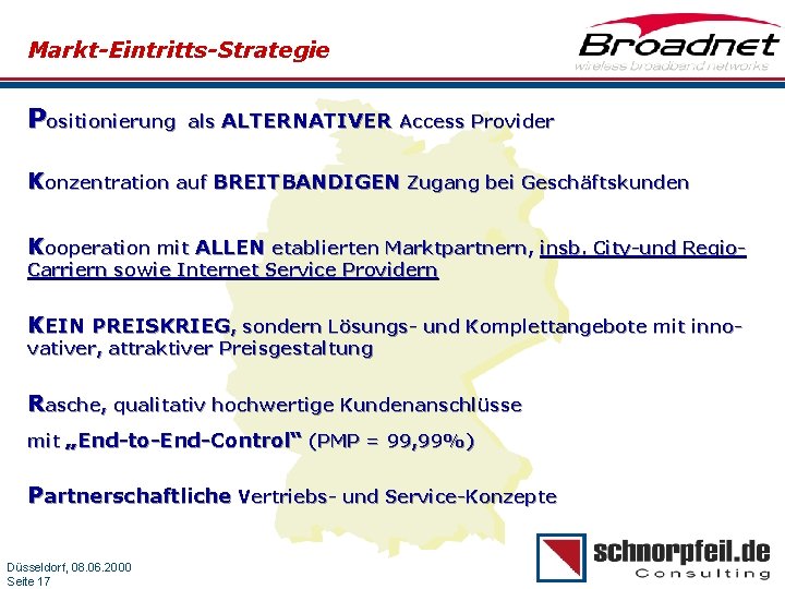 Markt-Eintritts-Strategie Positionierung als ALTERNATIVER Access Provider Konzentration auf BREITBANDIGEN Zugang bei Geschäftskunden Kooperation mit