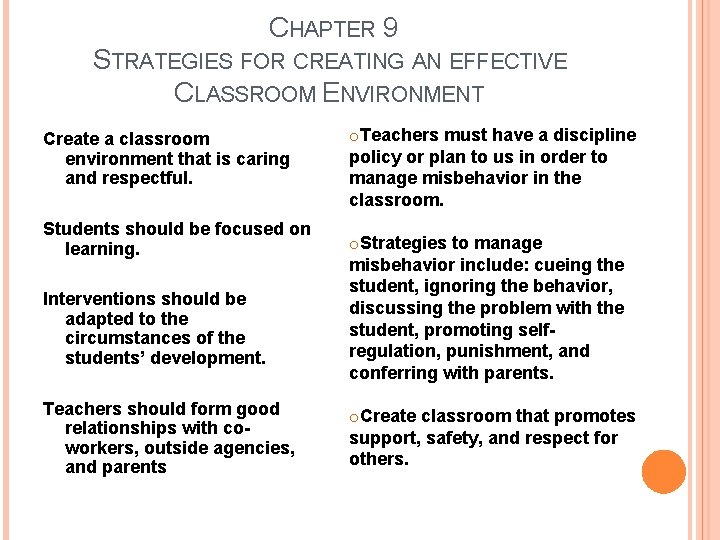 CHAPTER 9 STRATEGIES FOR CREATING AN EFFECTIVE CLASSROOM ENVIRONMENT Create a classroom environment that