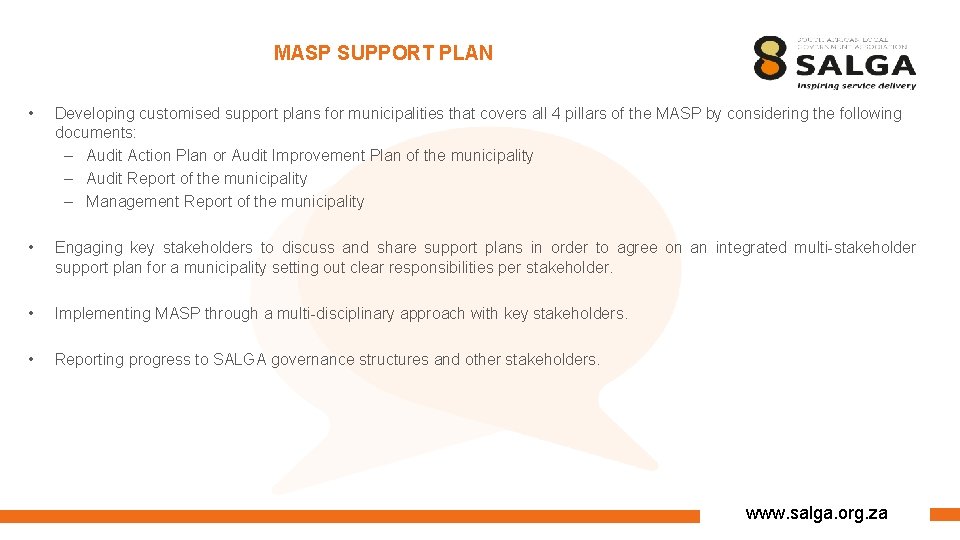 MASP SUPPORT PLAN • Developing customised support plans for municipalities that covers all 4