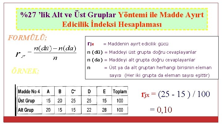 %27 ’lik Alt ve Üst Gruplar Yöntemi ile Madde Ayırt Edicilik İndeksi Hesaplaması FORMÜLÜ;