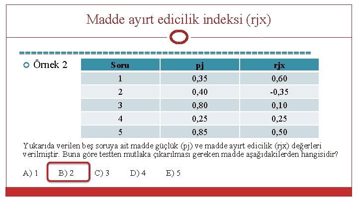 Madde ayırt edicilik indeksi (rjx) Örnek 2 Soru 1 2 3 4 pj 0,