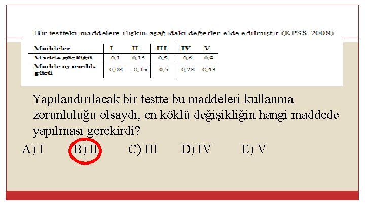 Yapılandırılacak bir testte bu maddeleri kullanma zorunluluğu olsaydı, en köklü değişikliğin hangi maddede yapılması