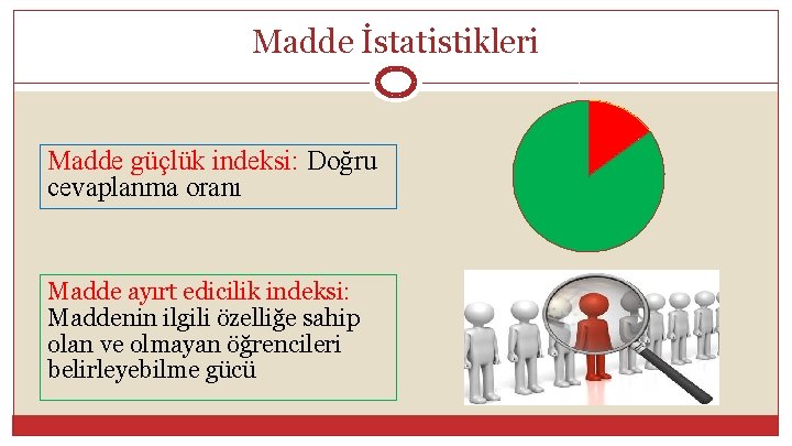 Madde İstatistikleri Madde güçlük indeksi: Doğru cevaplanma oranı Madde ayırt edicilik indeksi: Maddenin ilgili