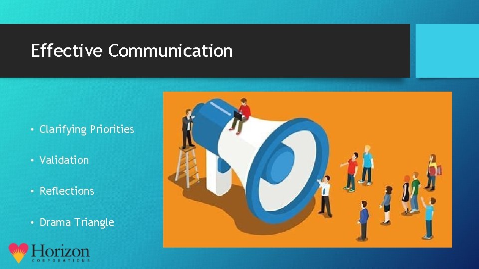Effective Communication • Clarifying Priorities • Validation • Reflections • Drama Triangle 