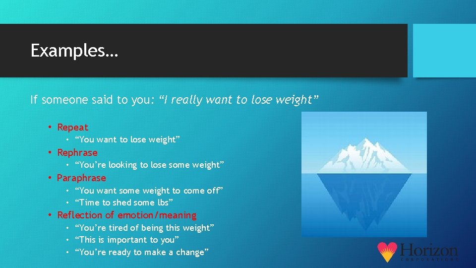 Examples… If someone said to you: “I really want to lose weight” • Repeat