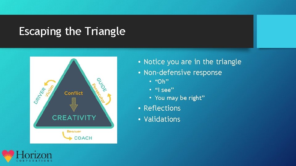Escaping the Triangle • Notice you are in the triangle • Non-defensive response •