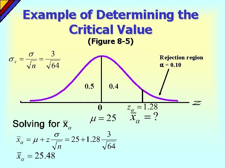 Example of Determining the Critical Value (Figure 8 -5) Rejection region = 0. 10