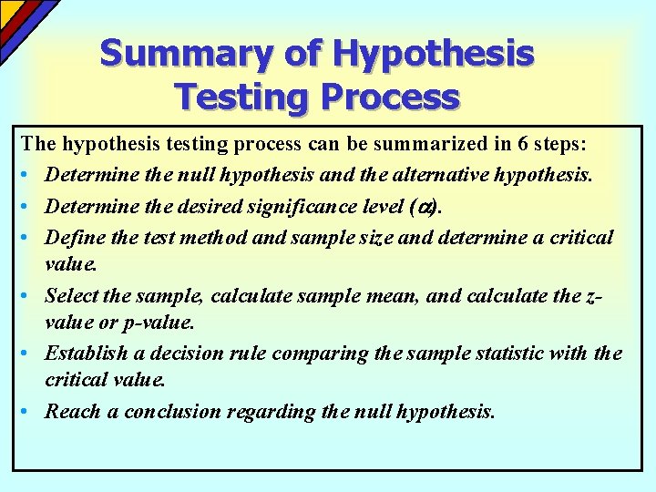 Summary of Hypothesis Testing Process The hypothesis testing process can be summarized in 6