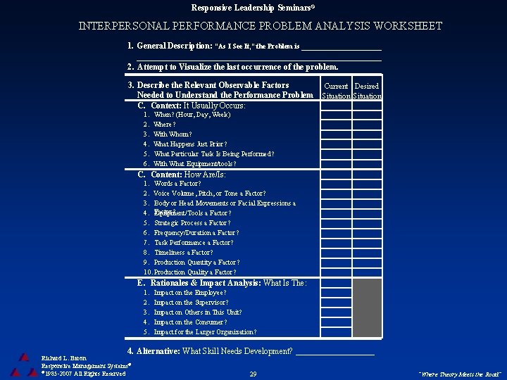 Responsive Leadership Seminars® INTERPERSONAL PERFORMANCE PROBLEM ANALYSIS WORKSHEET 1. General Description: “As I See