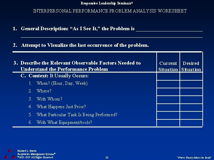Responsive Leadership Seminars® INTERPERSONAL PERFORMANCE PROBLEM ANALYSIS WORKSHEET 1. General Description: “As I See