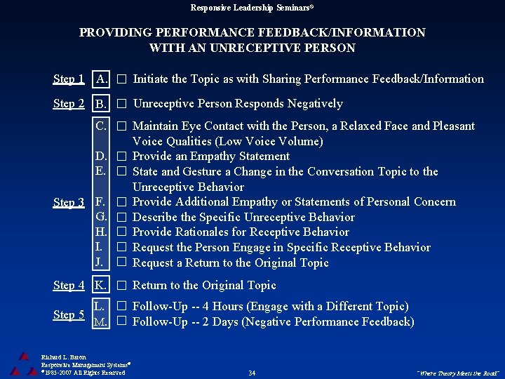 Responsive Leadership Seminars® PROVIDING PERFORMANCE FEEDBACK/INFORMATION WITH AN UNRECEPTIVE PERSON Step 1 A. Initiate