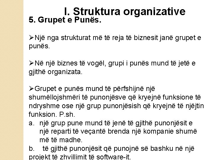 I. Struktura organizative 5. Grupet e Punës. ØNjë nga strukturat më të reja të