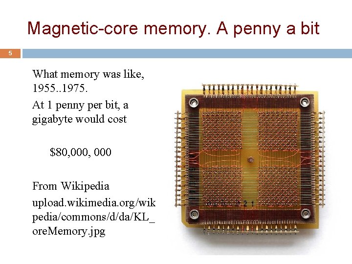 Magnetic-core memory. A penny a bit 5 What memory was like, 1955. . 1975.